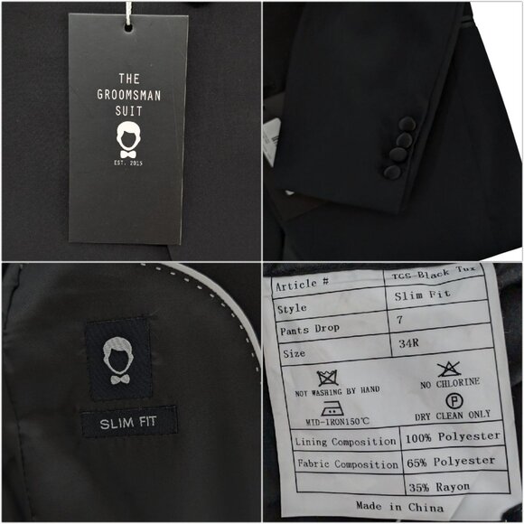 The Groomsman Suit Slim Tuxedo Jacket Mens Black Formal 2 Button Size 34R - Picture 5 of 10